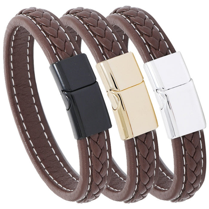 Brown Artistic Casual Braided Leather Bracelet For Men And Women, Simple Magnetic Clasp Wristband