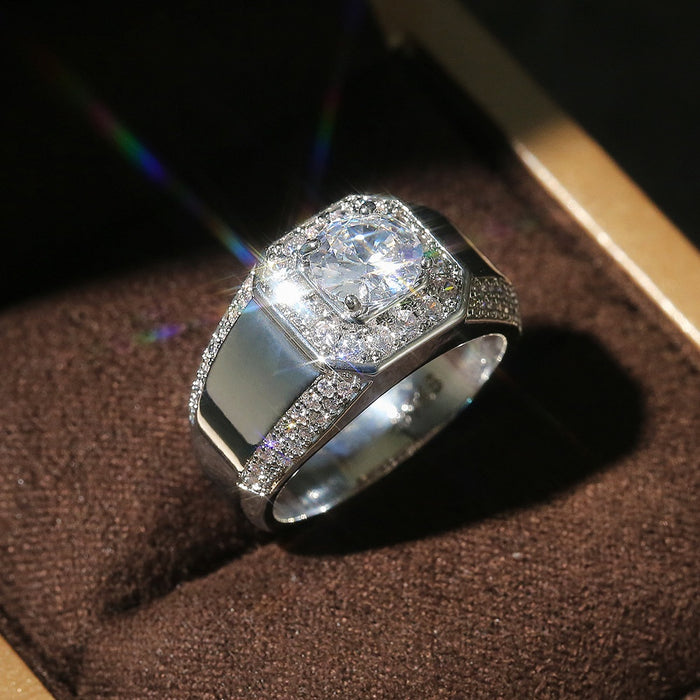 Luxury Exquisite Men's Ring, European American Silver Plated 18K White Gold Simulated Zircon Jewelry