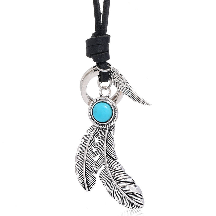 Ethnic Style Black Leather Necklace With Feather Pendant, Vintage Couple Sweater Chain