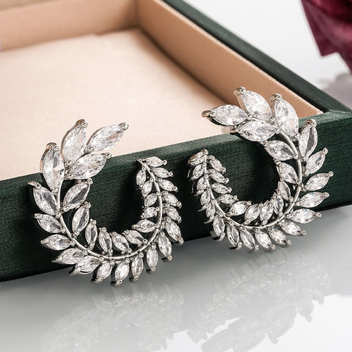 Exaggerated Full Zircon Leaf Swirl Stud Earrings For Women, European Fashion Statement Jewelry