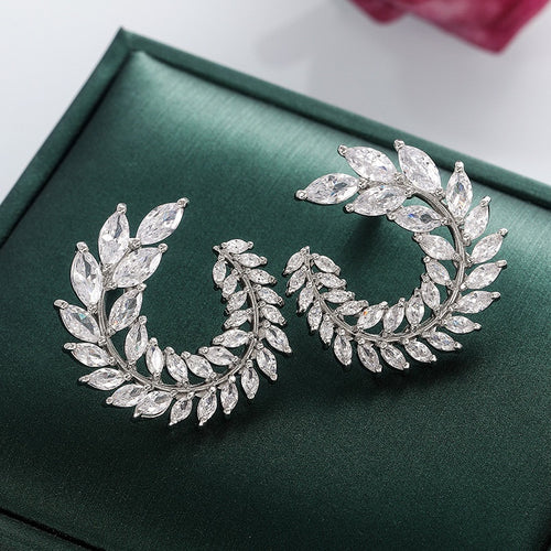Exaggerated Full Zircon Leaf Swirl Stud Earrings For Women, European Fashion Statement Jewelry