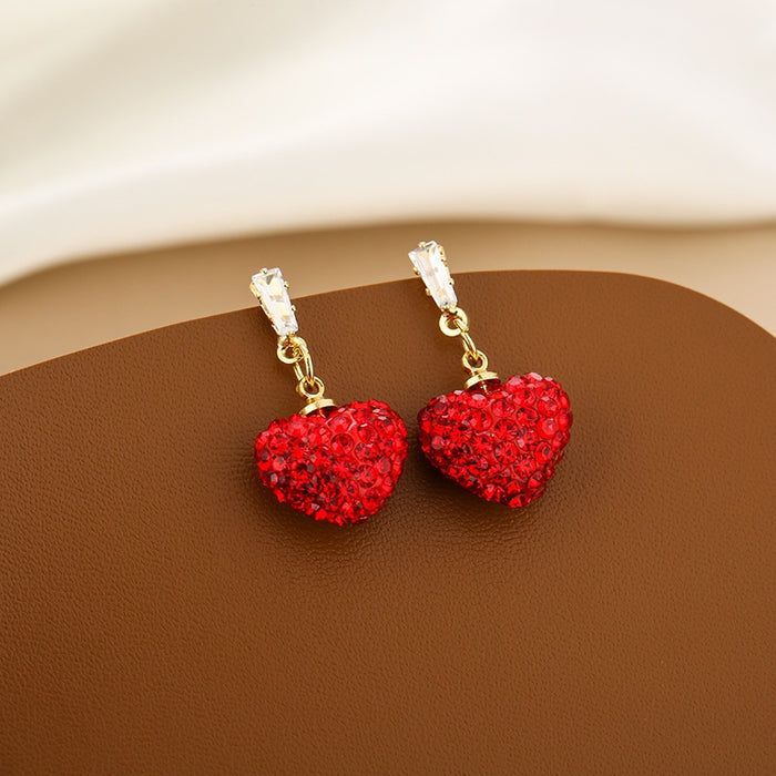 Elegant Red Rhinestone Heart Dangles With Gold Alloy Links And Zircon Studs Festive Women Earrings
