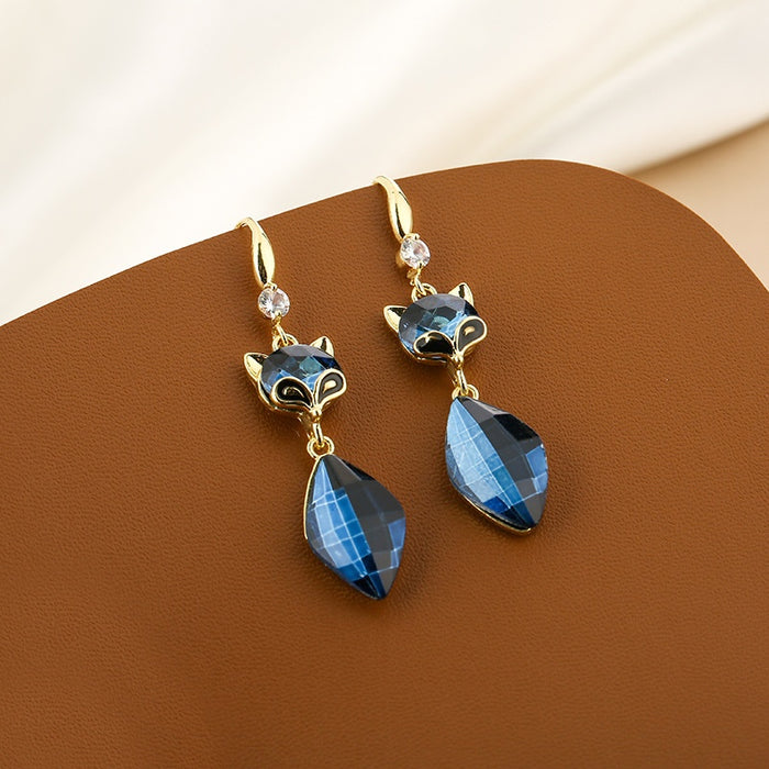 Korean Elegant Fox Blue Crystal Zircon Rhinestone Dangle Drop Earrings