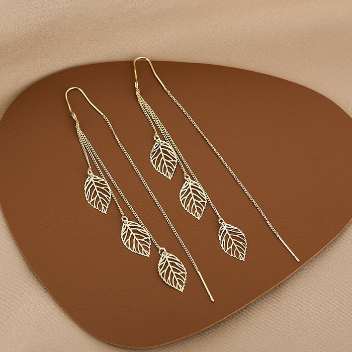 Gold Tone Alloy Hollow Leaf Long Threader Tassel Elegant Minimalist Bohemian Drop Earrings