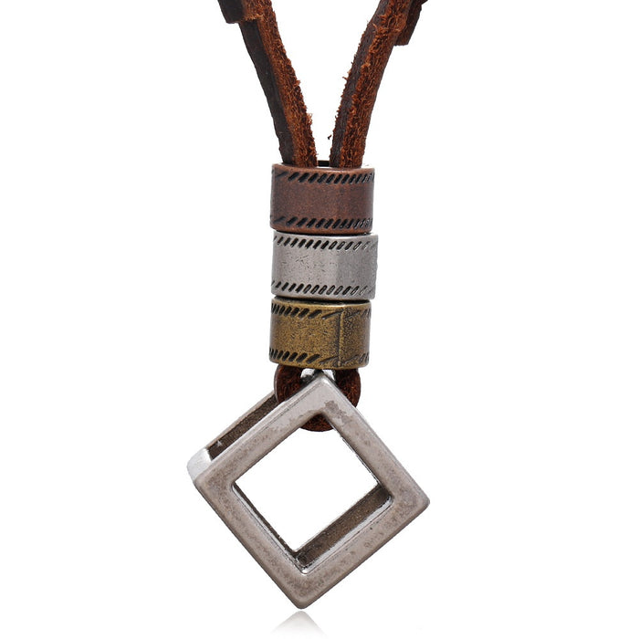 Men's Hollow Square Alloy Pendant Genuine Leather Necklace, Adjustable Vintage Jewelry
