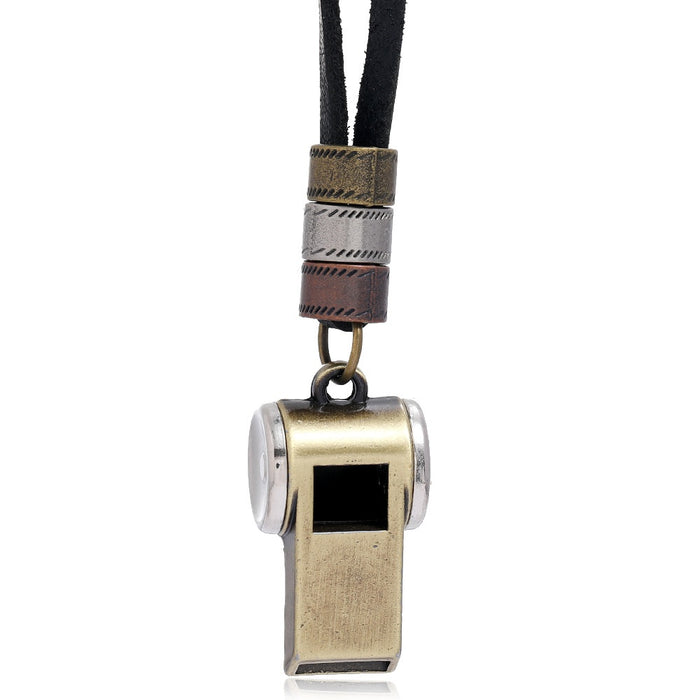 Vintage Black Leather Necklace With Alloy Whistle Pendant Simple Fashion Sweater Chain