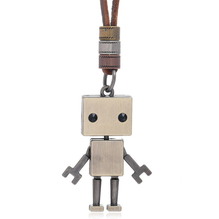 Vintage Movable Robot Pendant Leather Necklace, Long Sweater Chain Fashion Jewelry