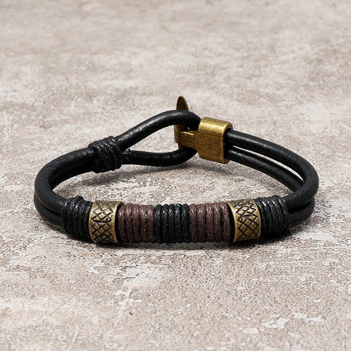 Men's Black Braided Genuine Leather Bracelet, Vintage European Style Wristband Jewelry