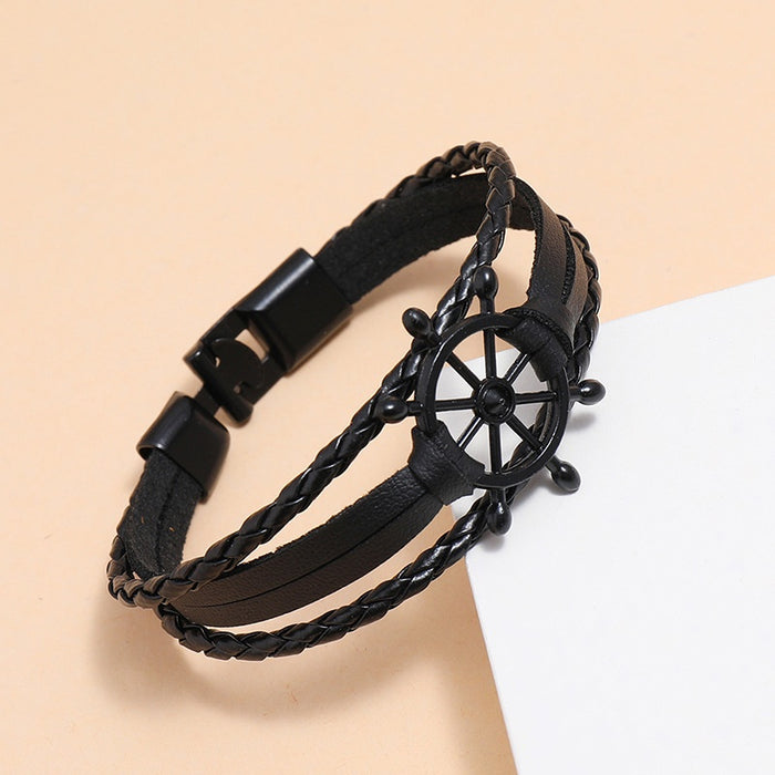 Black Rudder Charm Braided Leather Bracelet For Men, Punk Style Cross Border Fashion Accessory
