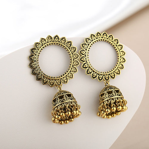 Vintage Bohemian Geometric Round Alloy Bell Tassel Drop Earrings For Women Ethnic Statement Earrings