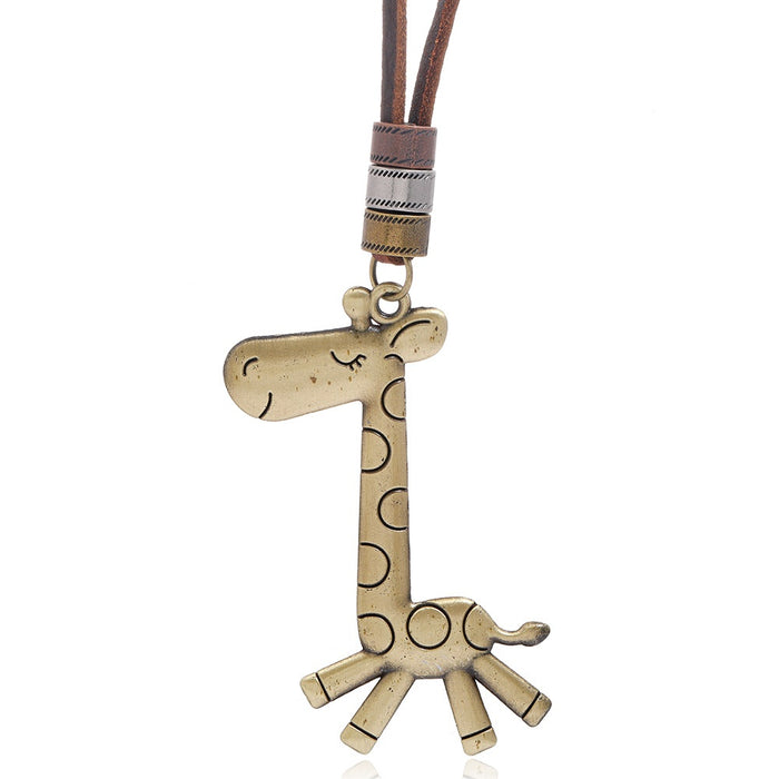 New Minimalist Hip Hop Street Style Cowhide Leather Necklace With Giraffe Pendant Sweater Chain