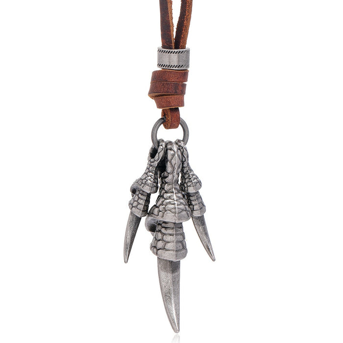 Men's Vintage Claw Pendant Genuine Leather Necklace, Adjustable Creative Statement Jewelry