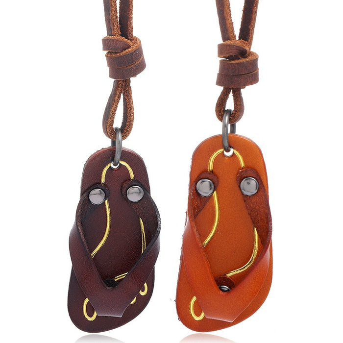 Creative Flip Flop Pendant Cowhide Leather Necklace, Vintage Couple Fashion Accessory Jewelry