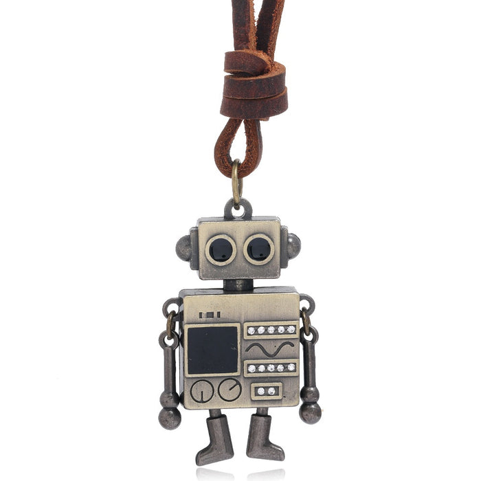 European American Fashion Movable Robot Pendant Cowhide Leather Necklace Simple Accessory