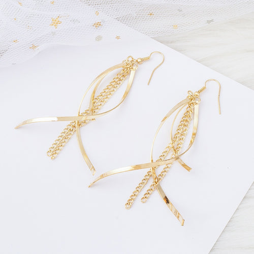 Elegant Bohemian Long Leaf Ribbon Chain Tassel Alloy Statement Drop Dangle Fashion Earrings