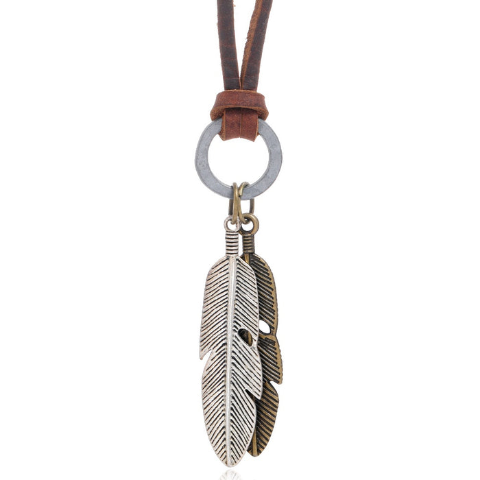 Vintage Alloy Feather Cowhide Leather Necklace, Adjustable Long Hip Hop Sweater Chain For Men