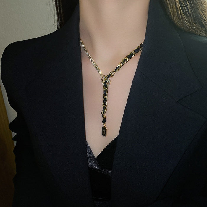 Alloy Geometric Rhinestone Wrapped Good Luck Pendant Sweater Necklace Hip Hop Sweet Cool Style
