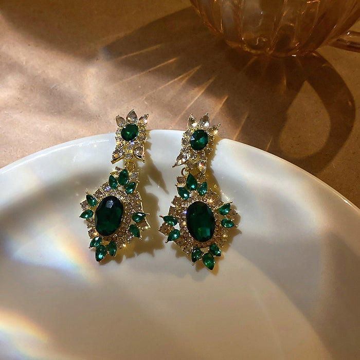 Alloy Emerald Rhinestone Irregular Geometric Statement Drop Earrings For Women