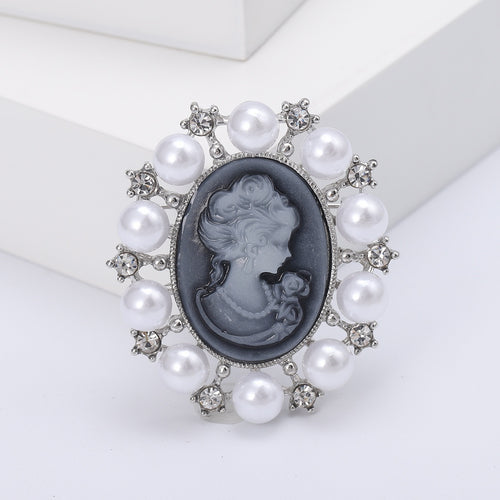 Alloy Vintage Lady Cameo Brooch Pin With Rhinestones And Pearls
