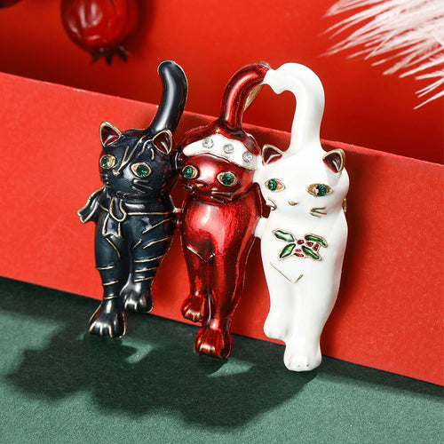 Alloy Enamel Christmas Cat Brooch For Festive Clothing Decoration