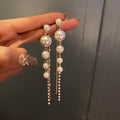 Rhinestone Pearl Tassel Drop Earrings With Silver Pins, Geometric European Style view 1