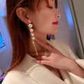 Rhinestone Pearl Tassel Drop Earrings With Silver Pins, Geometric European Style view 4