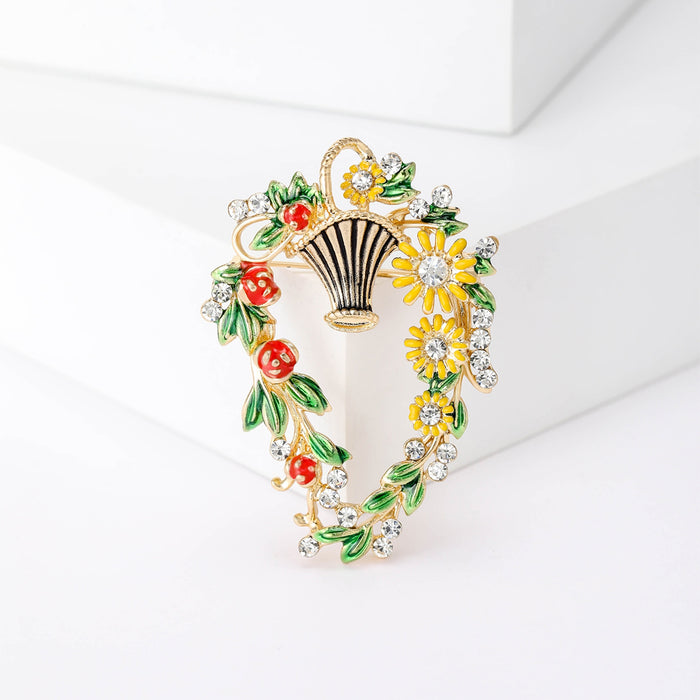 Alloy Enamel Flower Basket Brooch For Elegant Clothing Accessories