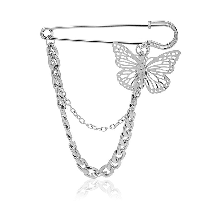 Korean Japanese Hip Hop Butterfly Chain Brooch Harajuku Style Bar Pin For Suit Accessories