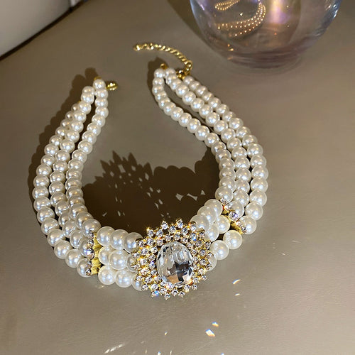 Vintage Faux Pearl Crystal Rhinestone Geometric Round Choker Necklace for Women