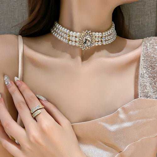 Vintage Faux Pearl Crystal Rhinestone Geometric Round Choker Necklace for Women