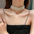 Vintage Faux Pearl Crystal Rhinestone Geometric Round Choker Necklace for Women view 3