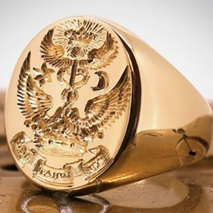 European Alloy Signet Ring For Men, Family Crest Double Headed Eagle Statement Ring Jewelry