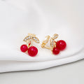 Korean Japanese Cute Red Cherry Rhinestone Earrings Sweet Minimal Small Stud And Clip Earrings view 1