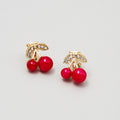 Korean Japanese Cute Red Cherry Rhinestone Earrings Sweet Minimal Small Stud And Clip Earrings view 4