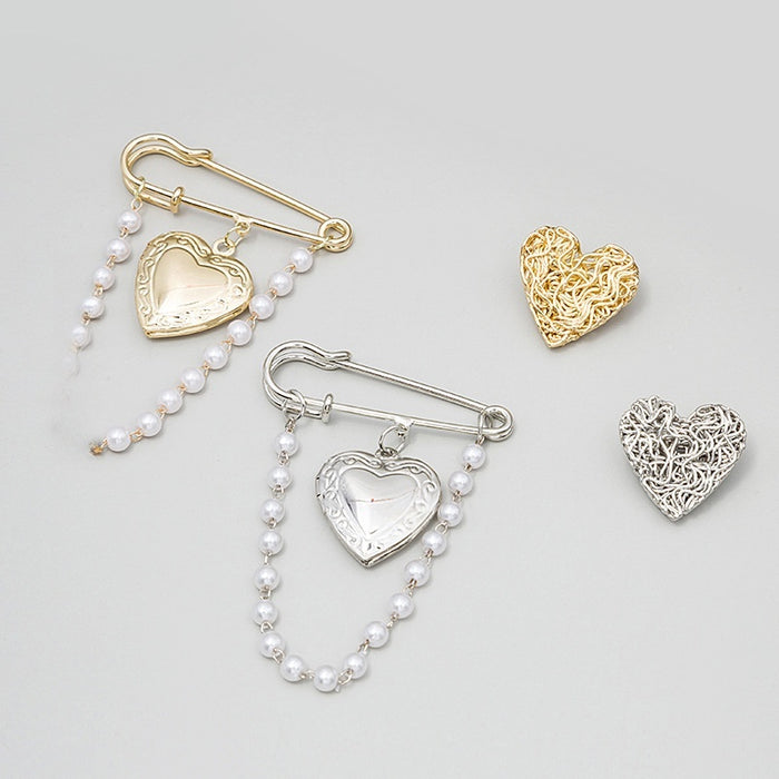 Style Minimalist Vintage Geometric Heart Brooch Pearl Chain Two Piece Lapel Pin Set