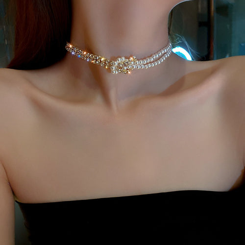 Korean Style Irregular Geometric Pearl Rhinestone Spliced Short Choker Necklace