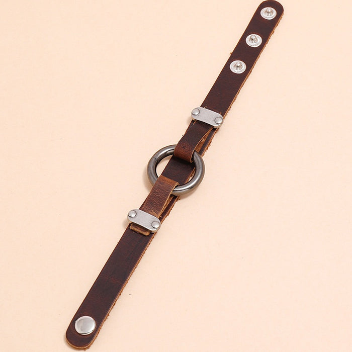 Creative Men's Cowhide Leather Bracelet With Round Circle Charm, Simple Vintage Punk Wristband
