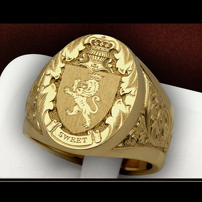 Crown Lion Shield Badge Ring Copper Gold Plated Royal Signet Ring For Men European Style