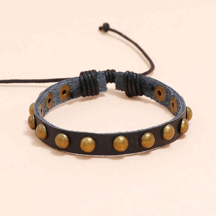 Simple Vintage Single Row Stud Genuine Leather Bracelet Adjustable Fashion Jewelry