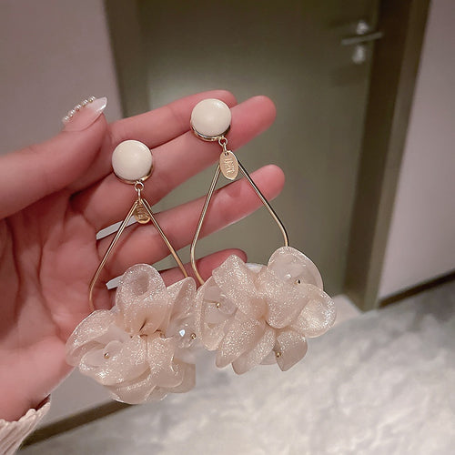 Korean Style Statement Fabric Flower Artificial Crystal Long Drop Earrings