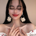 Korean Style Statement Fabric Flower Artificial Crystal Long Drop Earrings view 2