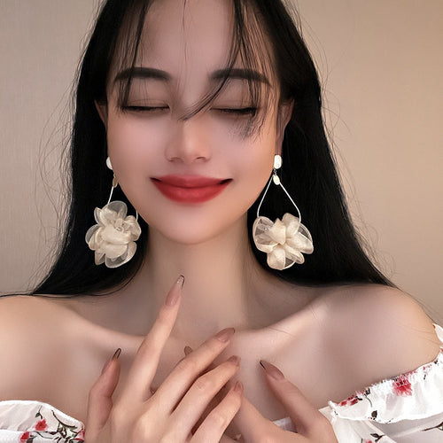 Korean Style Statement Fabric Flower Artificial Crystal Long Drop Earrings
