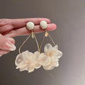Korean Style Statement Fabric Flower Artificial Crystal Long Drop Earrings view 3