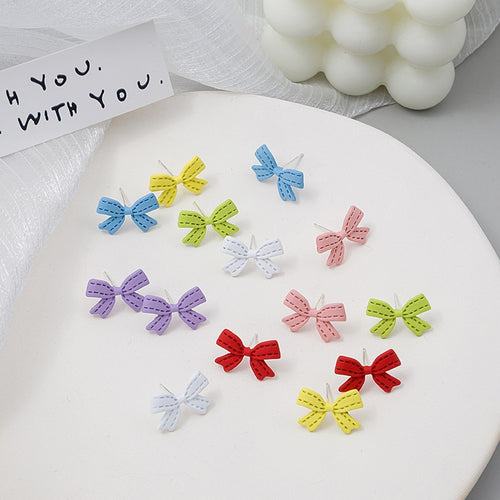 Sweet Candy Color Enamel Bow Stud Earrings Korean Vintage Alloy Silver Needle Fashion Earrings