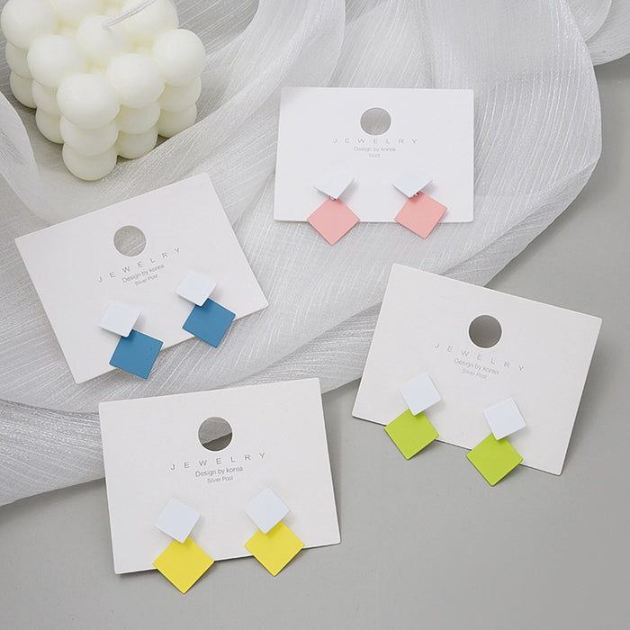 Elegant Korean Candy Color Contrast Geometric Square Diamond Acrylic Drop Stud Earrings