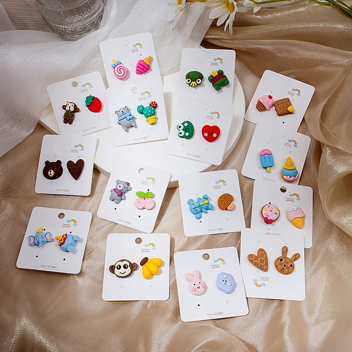 Cute Asymmetric Enamel Cartoon Monkey Frog Ice Cream Strawberry Sweet Fresh Stud Earrings