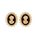 Vintage Gold Alloy Filigree Oval Enamel Cameo Portrait Studs Elegant French Lady Relief Earrings view 5