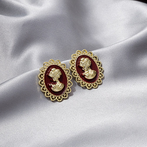 Vintage Gold Alloy Filigree Oval Enamel Cameo Portrait Studs Elegant French Lady Relief Earrings