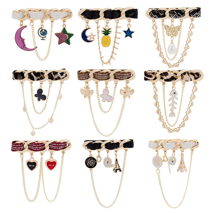 Fashion Star Moon Pineapple Butterfly Fishbone Heart Chain Tassel Brooch Pin For Cardigan
