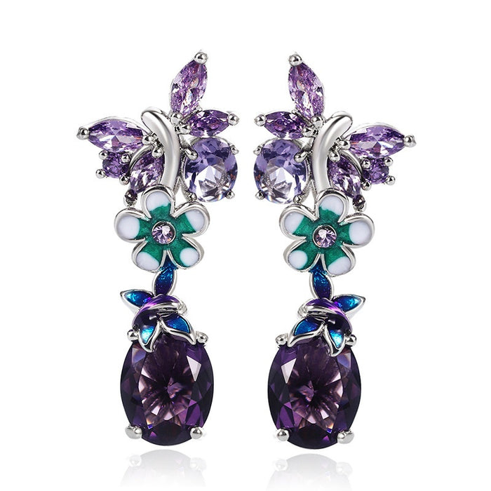 European Oval Purple Zircon Flower Butterfly Earrings For Women Trendy Drop Earrings